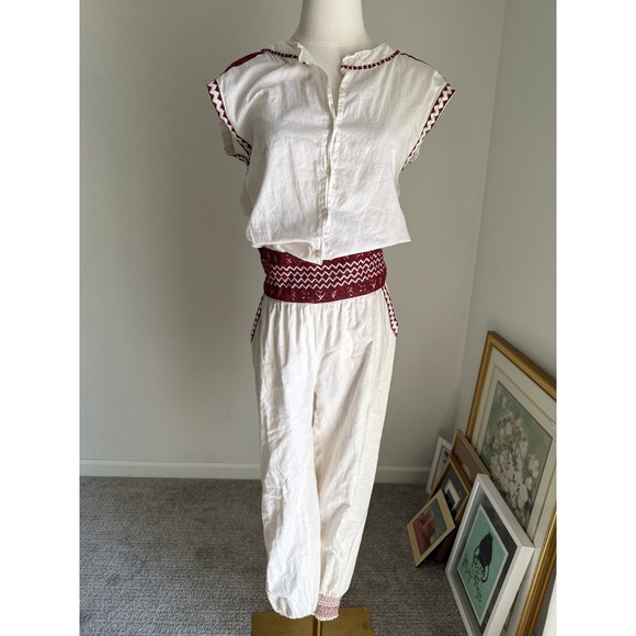 FLANNEL Pants - Flannel Austrailia Burgundy Cream Embroidered Cotton Jumpsuit Boho Chic Small‎